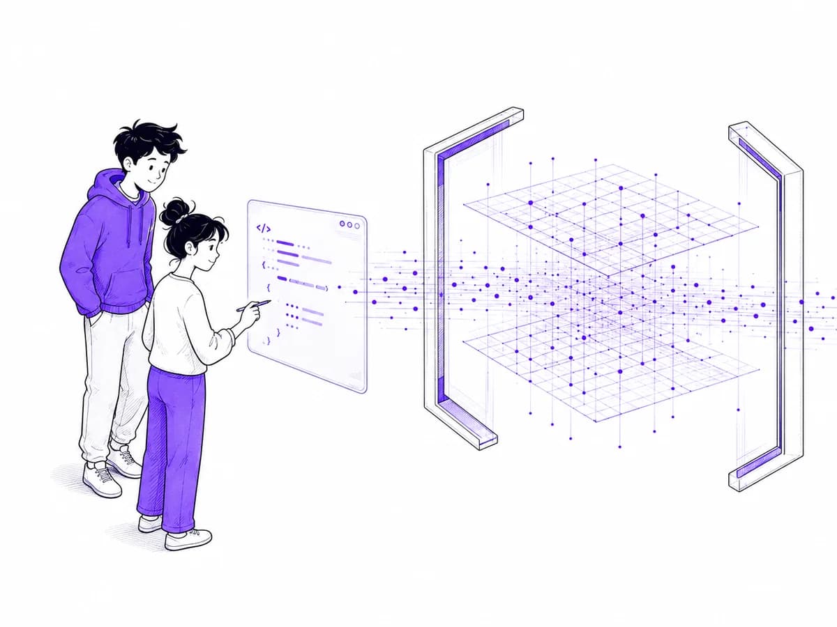 Two illustrated developers beside a thin model lattice framed by square brackets, a metaphor for the data boundary.