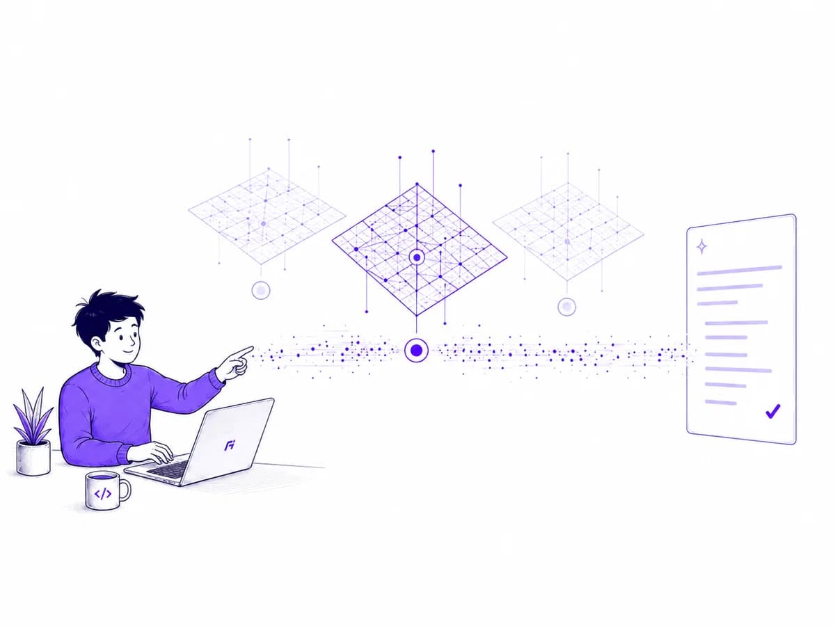 Sketched developer choosing between three fine, floating model lattices, with a response returning to their app.
