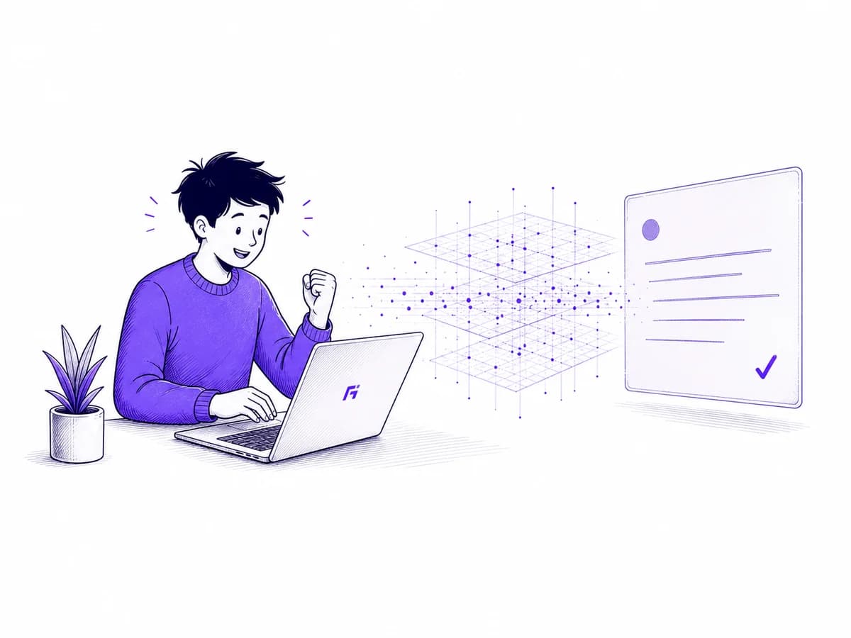 Cartoon developer celebrates a first response arriving through a floating model lattice.