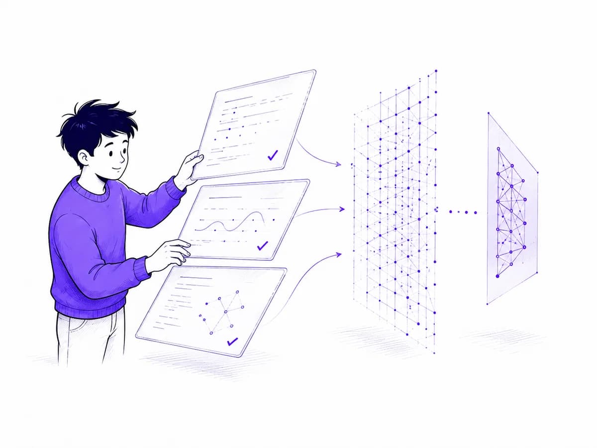 Cartoon developer prepares example sheets for a thin model adapter, illustrating future fine-tuning.